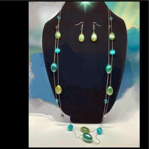 Opera Dbl Strand Blue/Green Necklace & Earrings